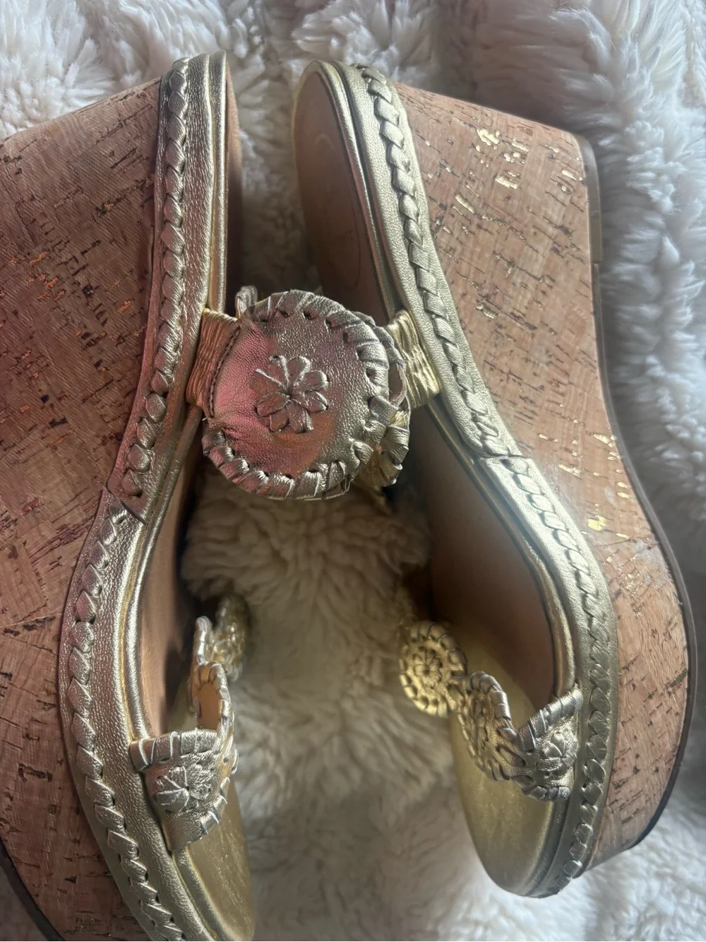 Jack Rogers Gold Wedge Sandals with Whipstitch Floral Appliqué